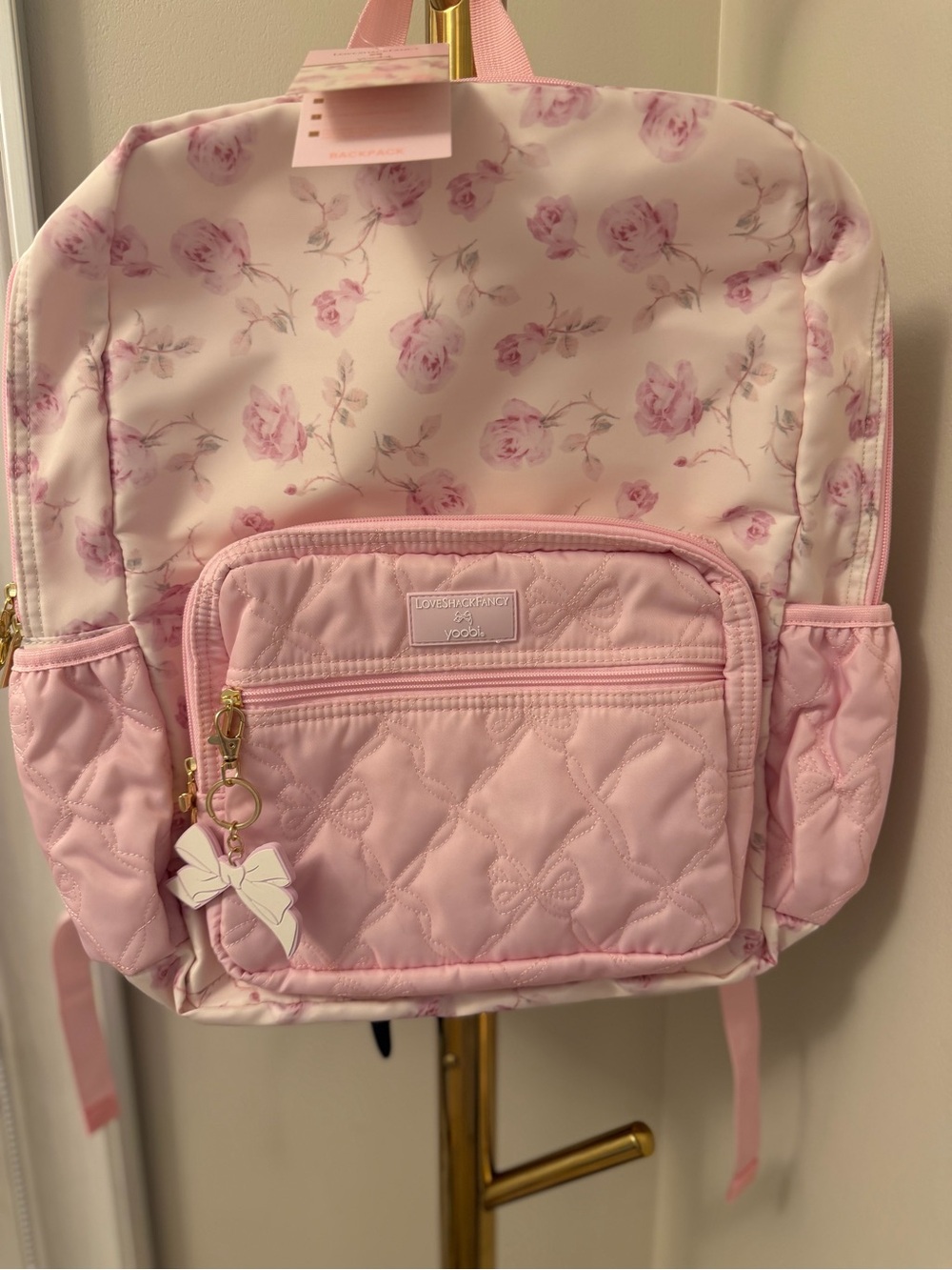 LoveShackFancy Pink Floral Quilted Kids Backpack with Bow Charm